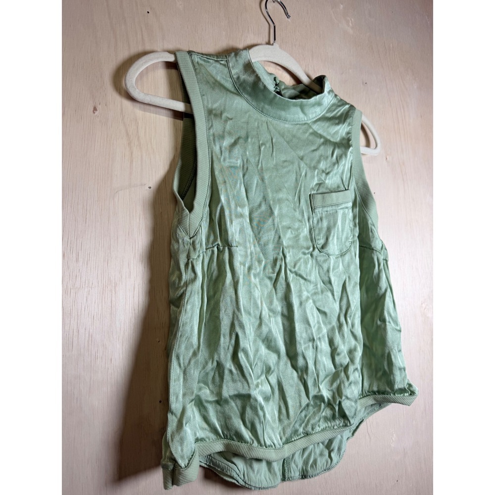 Fate Sleeveless Top Women S Sage Green Excellent Mock Neck Satin Viscose Pocket - Picture 2 of 8